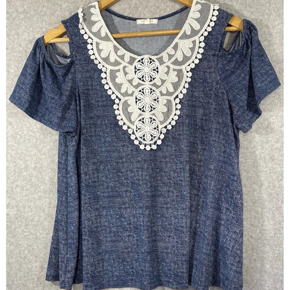 Ava James‎ Women's Large Blouse Blue Lace Peep Shoulder Flutter Sleeve Flowy